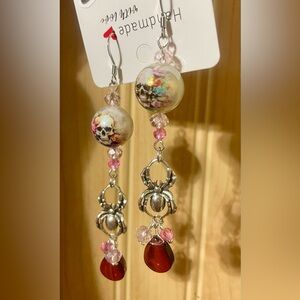 Pink Floral Skull & Spider Dangle Earrings